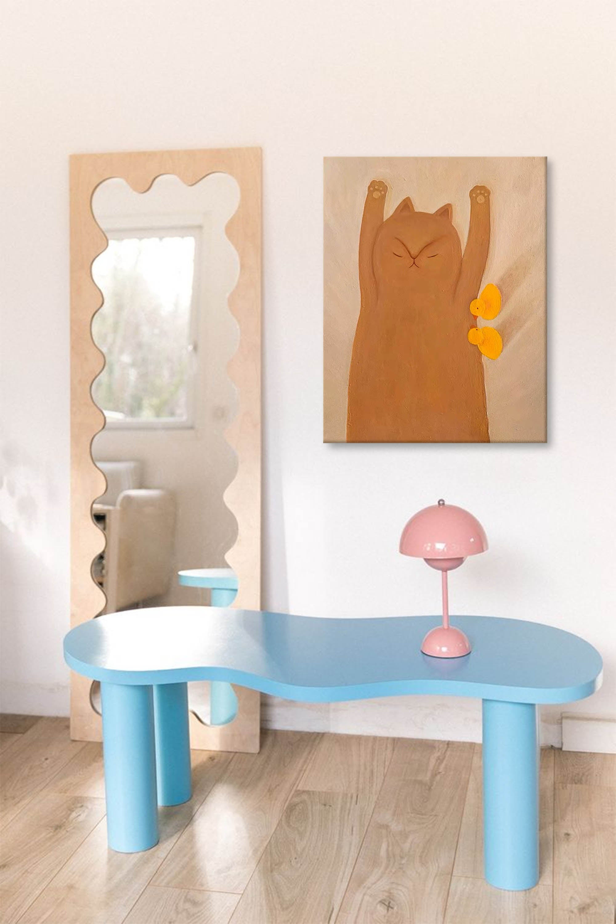 Adorable Cat and Ducks Minimalist Canvas Art