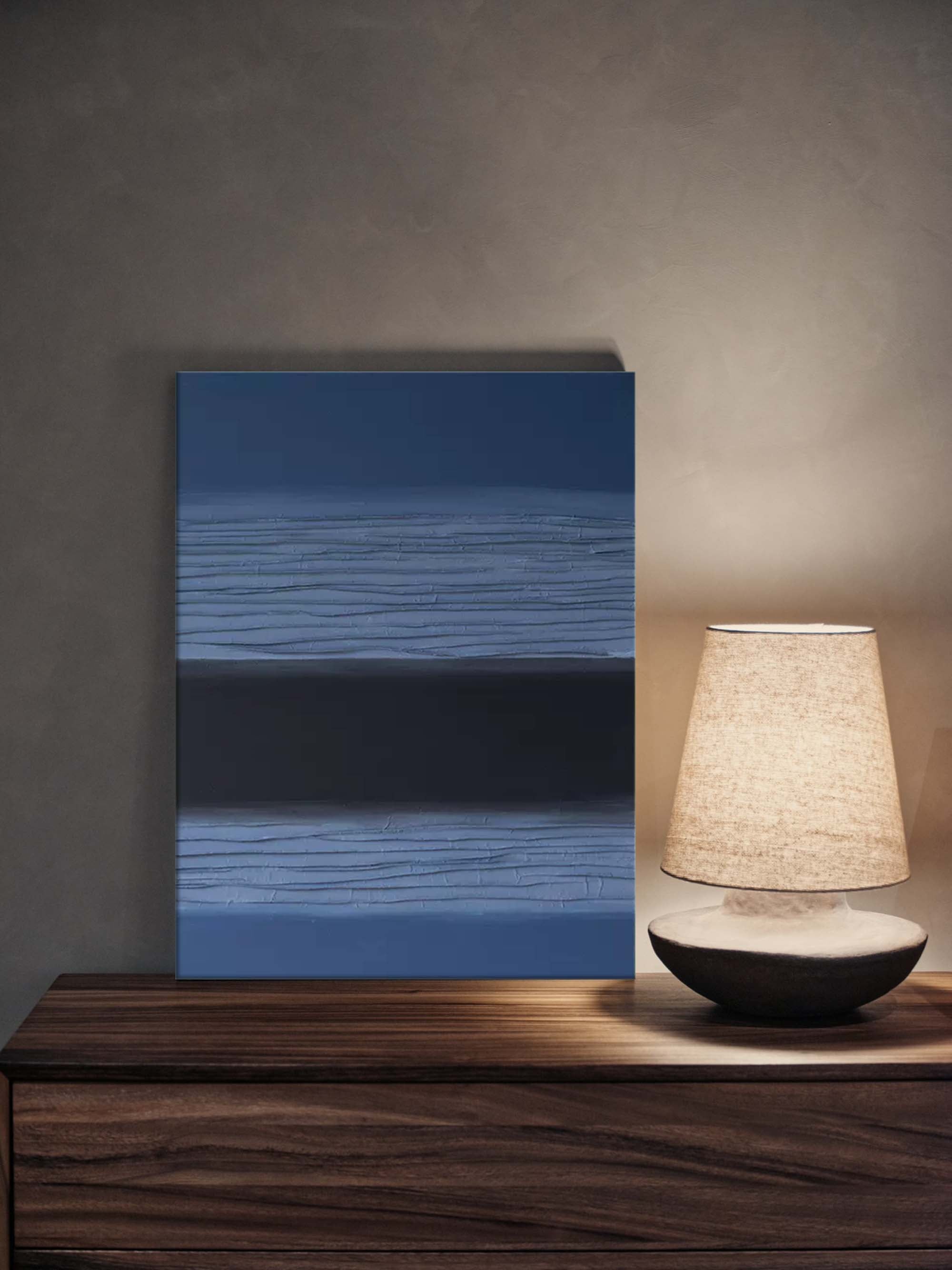 Modern Blue and Black Minimalist Oil Painting – Textured Abstract Art