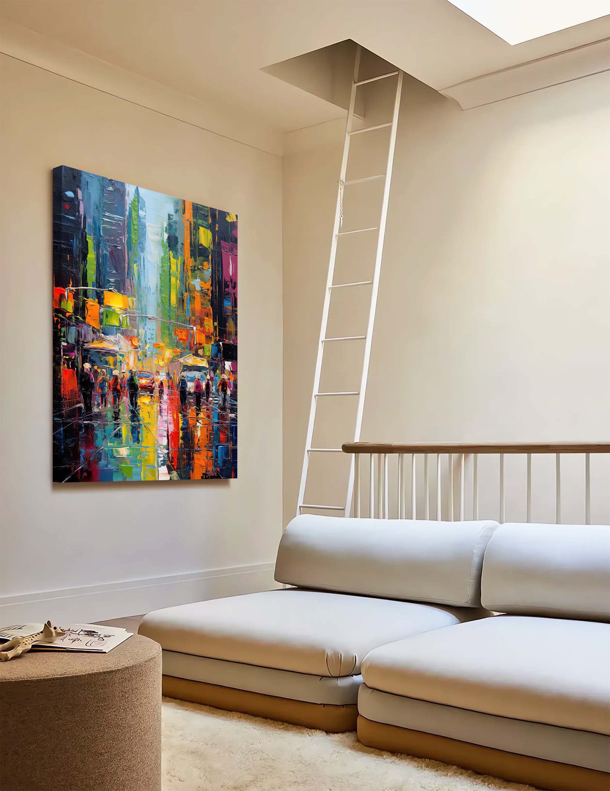Rainy City Night Lights Oil Painting