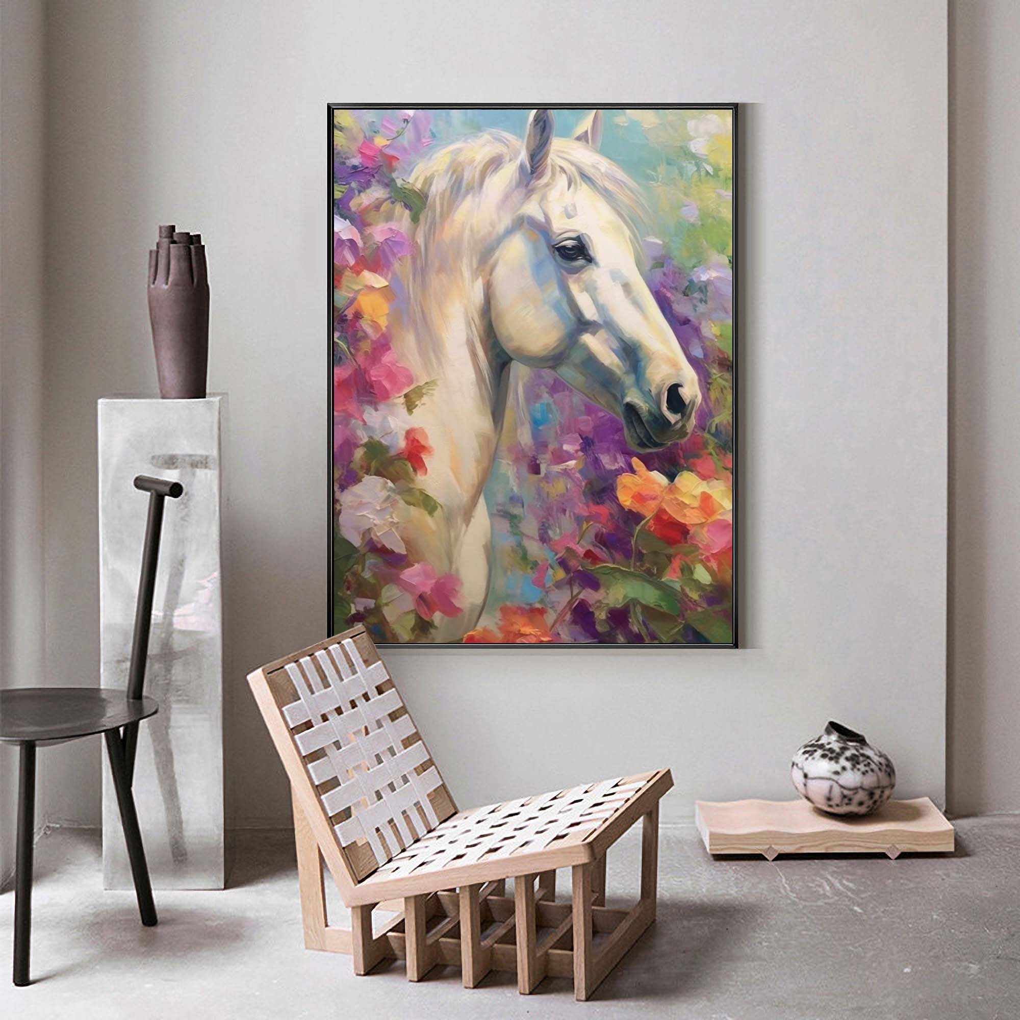 Graceful White Horse in Floral Harmony