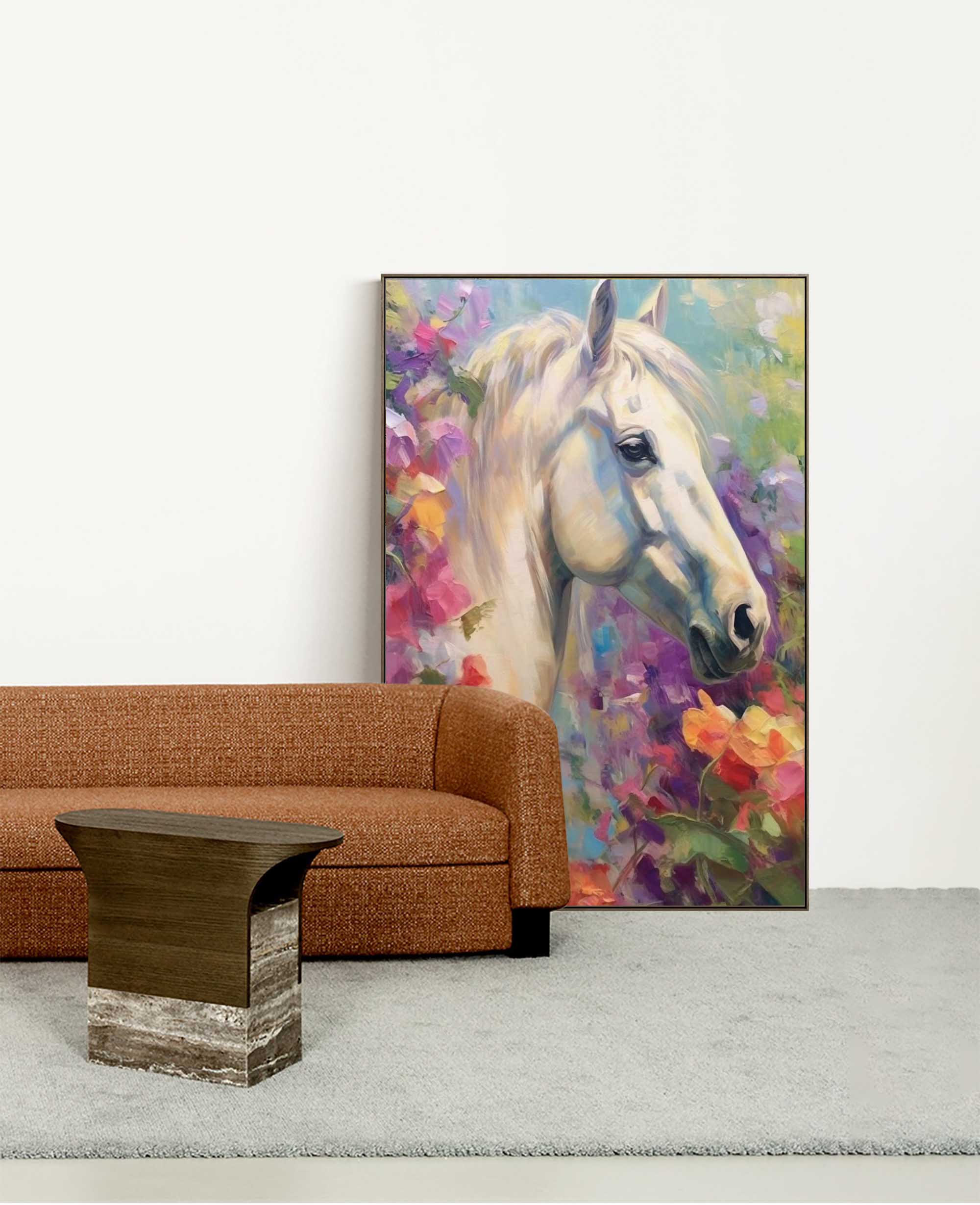 Graceful White Horse in Floral Harmony