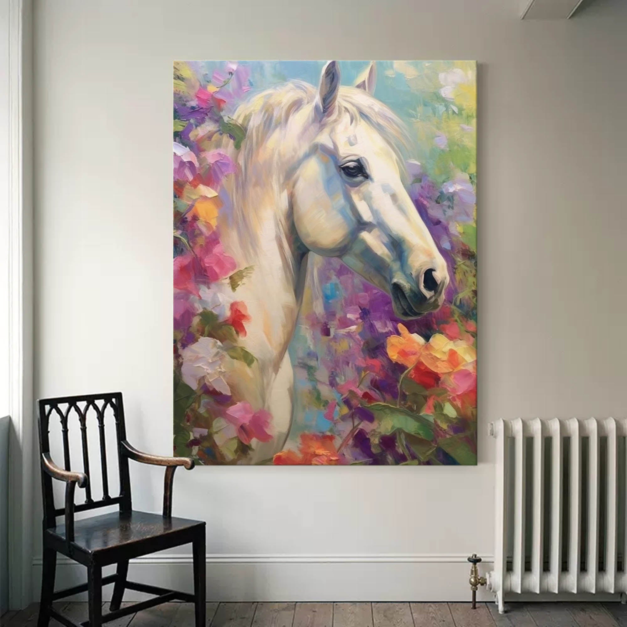 Graceful White Horse in Floral Harmony